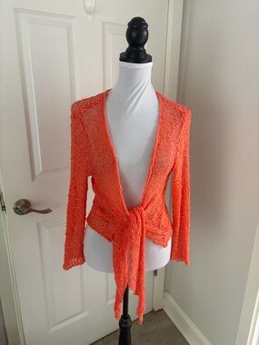 Tie-Front Open Knit Cardigan - Orange